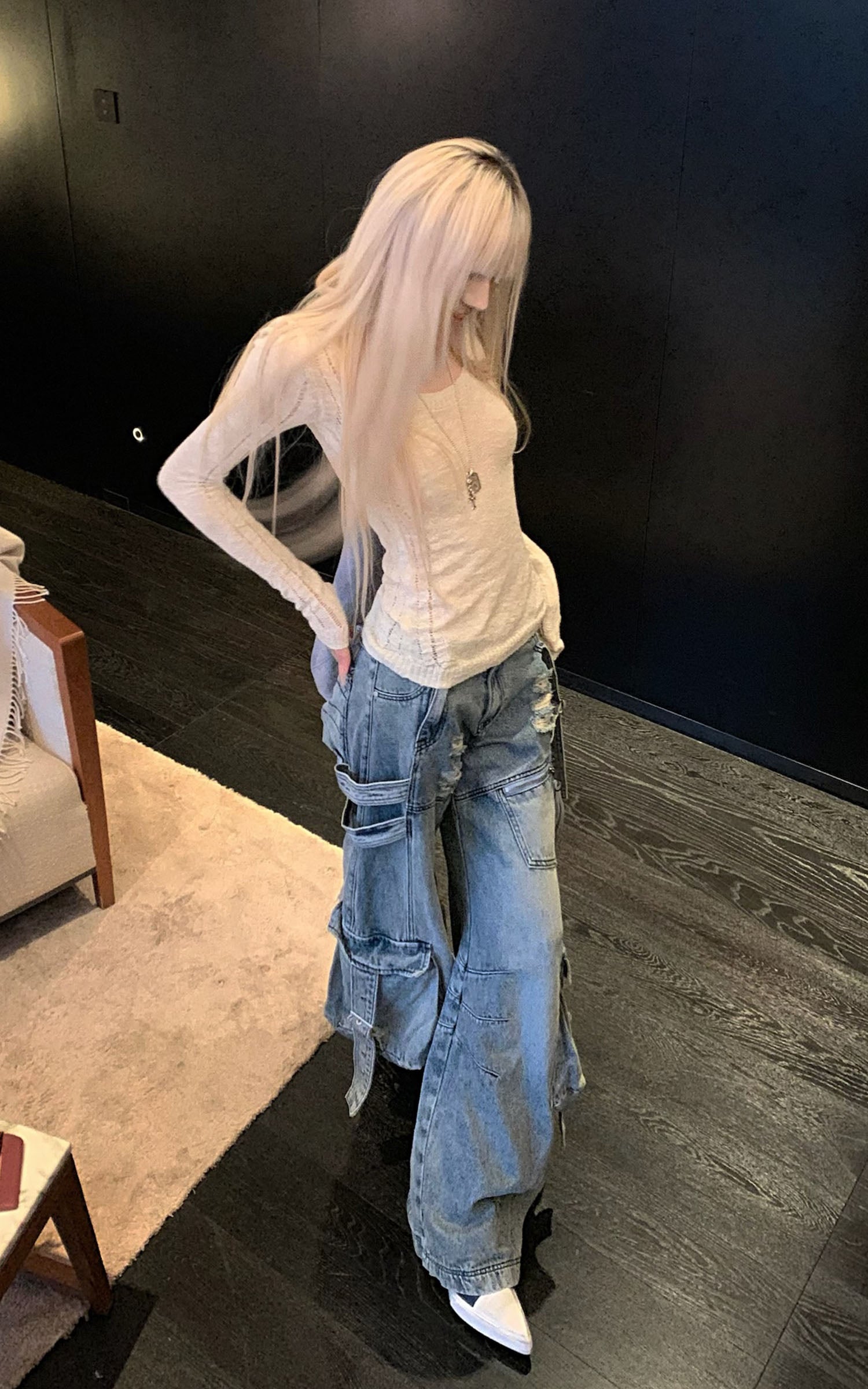 Rase le sol Distressed Wide-Leg Denim Pants