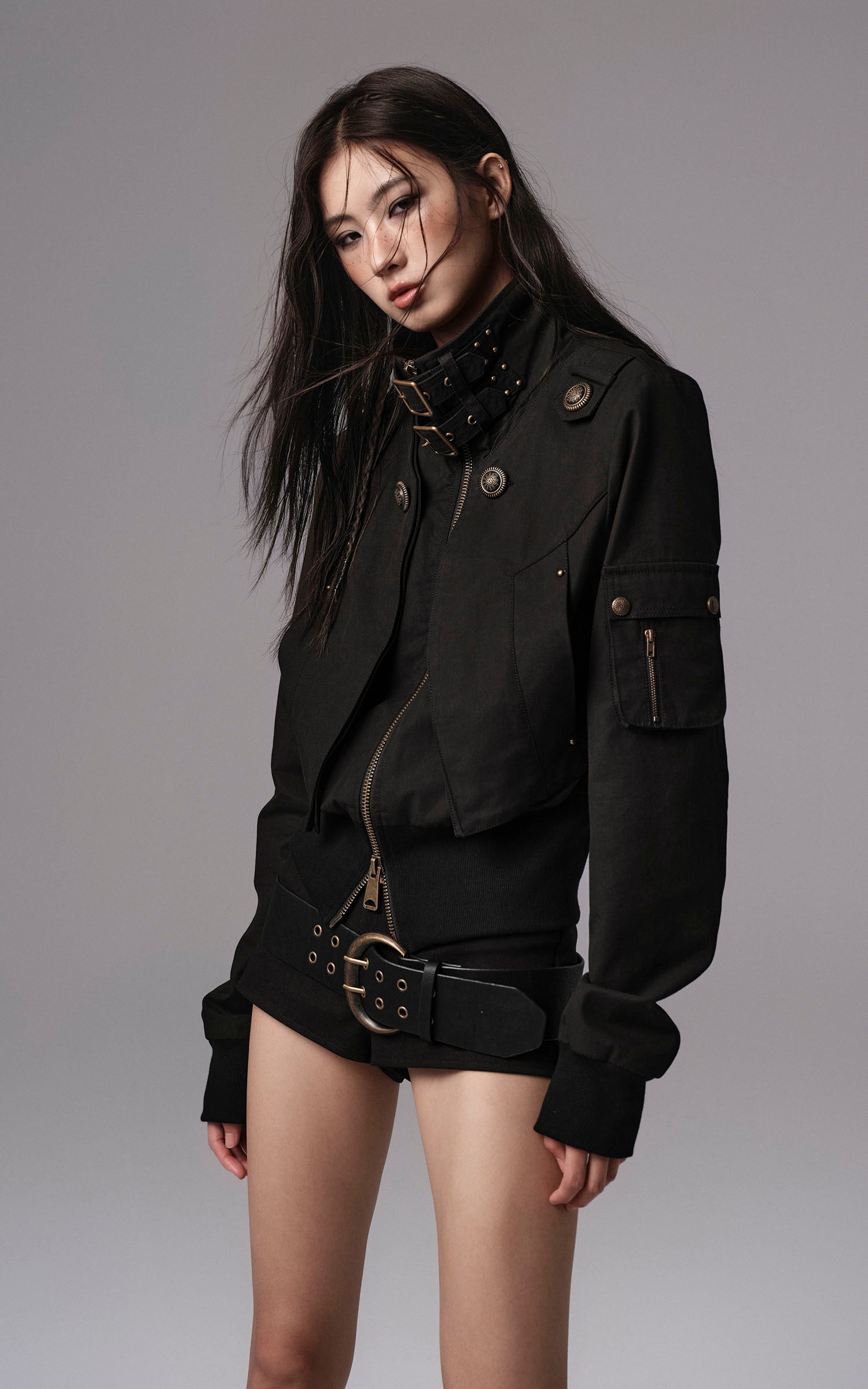 Low pixel Studded Buckle Collar Cropped Jacket