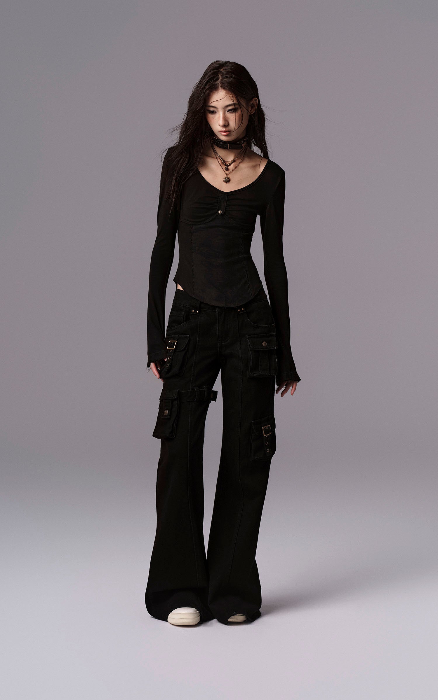 Low pixel Detachable Pocket Flared Denim Pants