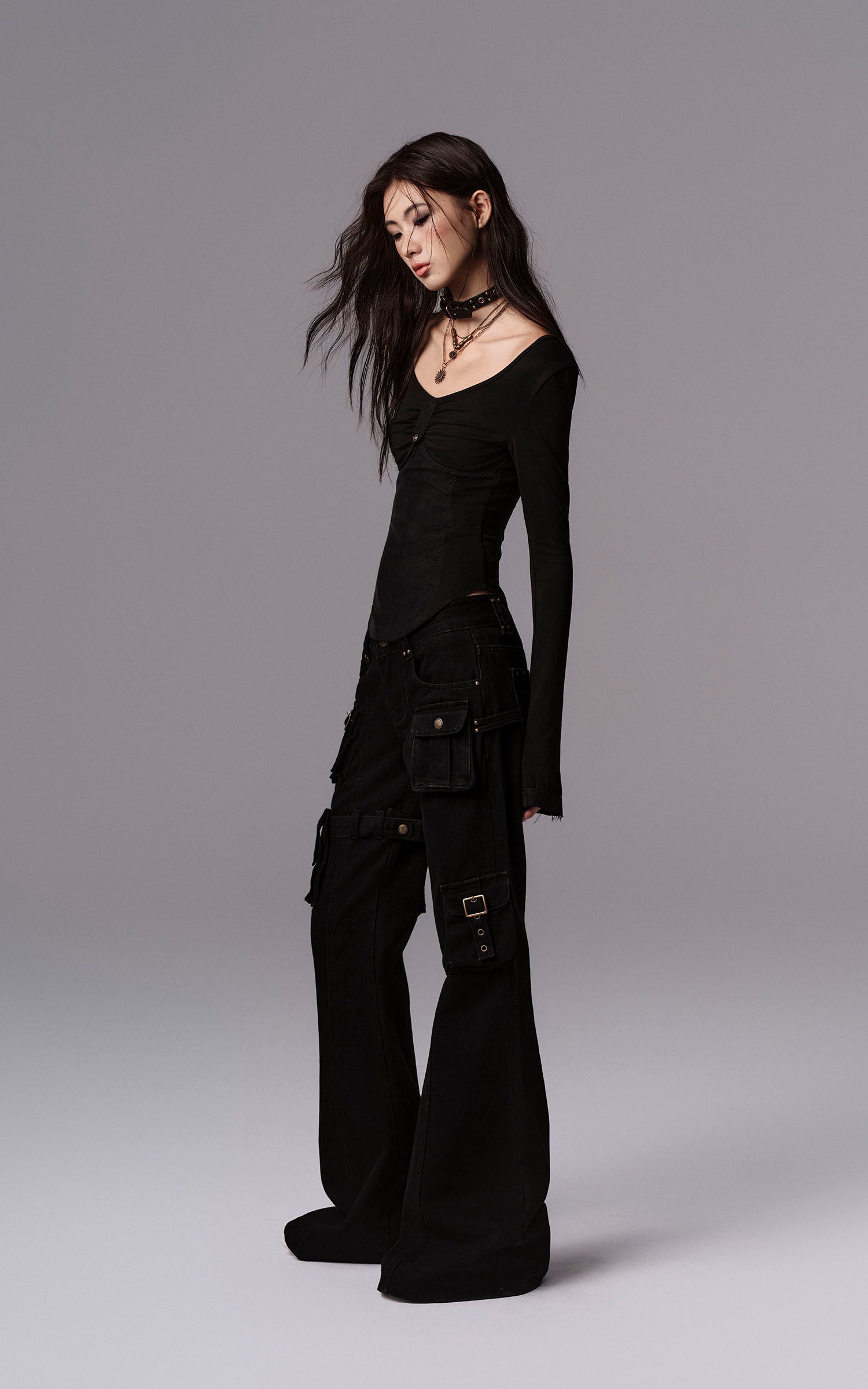 Low pixel Detachable Pocket Flared Denim Pants