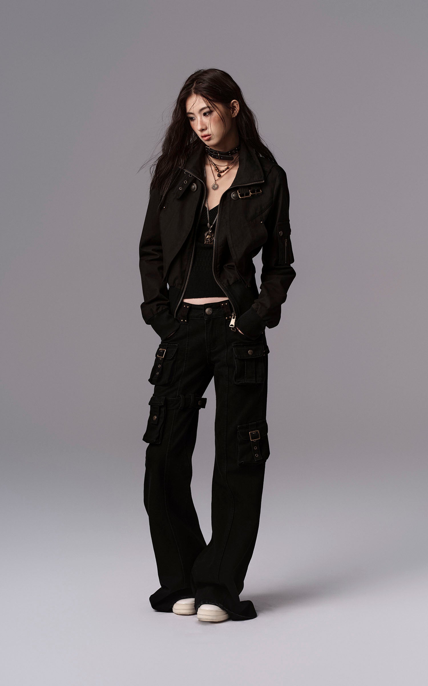 Low pixel Detachable Pocket Flared Denim Pants