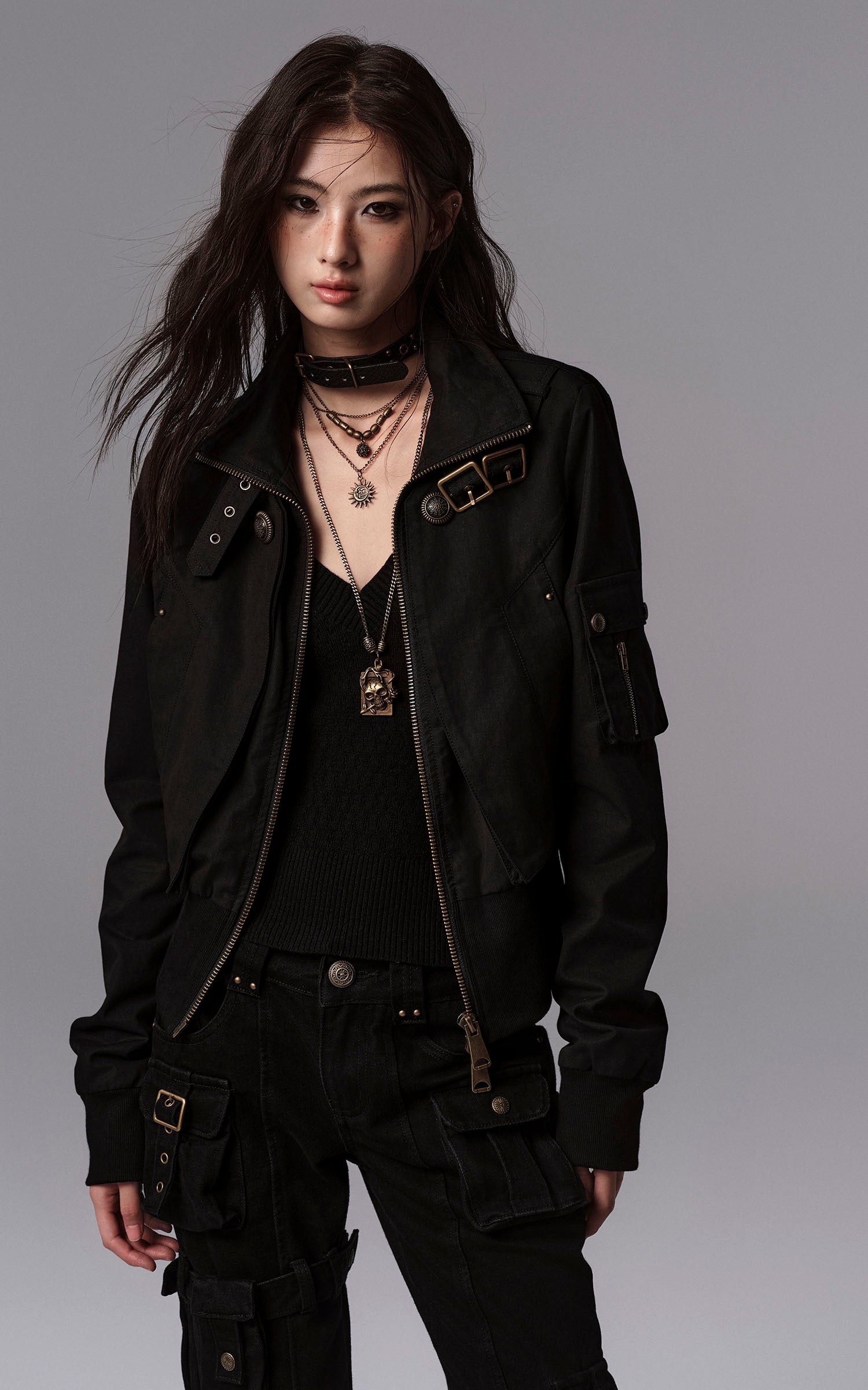 Low pixel Studded Buckle Collar Cropped Jacket