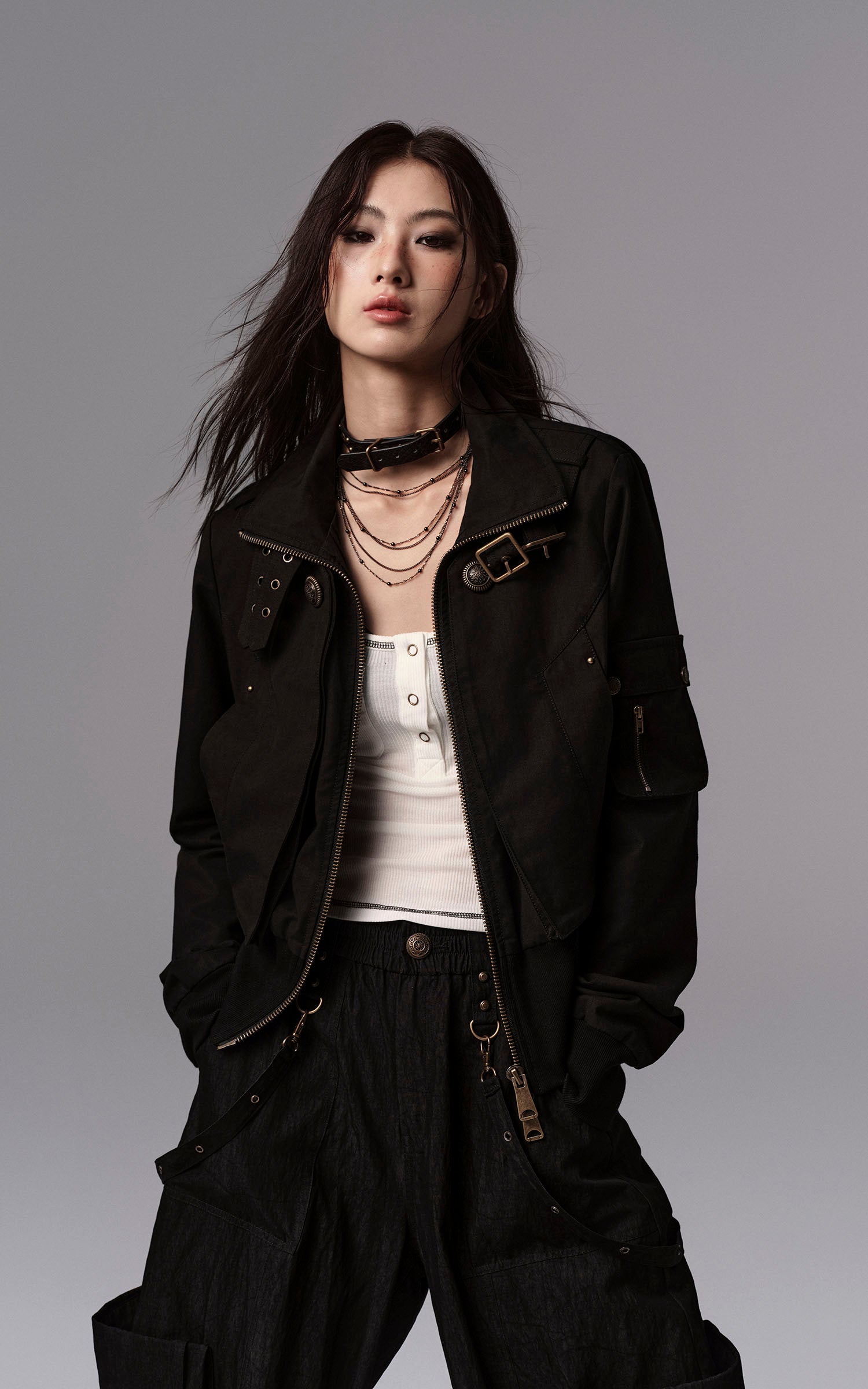 Low pixel Studded Buckle Collar Cropped Jacket