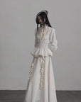 DOINDULGE Ruffled High-Neck Smocked Waist Long Sleeve Blouse