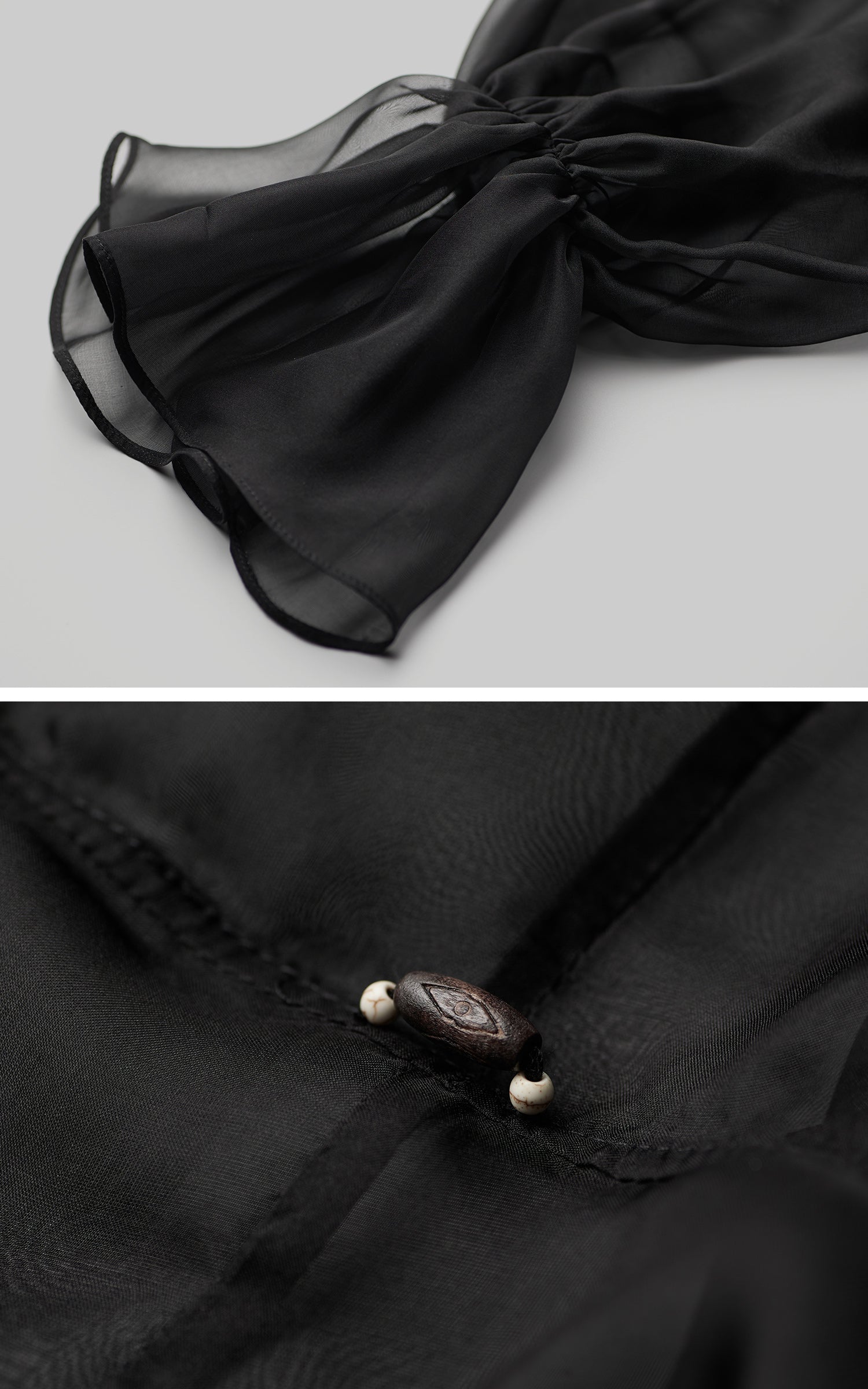 DOINDULGE Draped Mesh Hooded Cardigan with Tassel Accents and Voluminous Sleeves