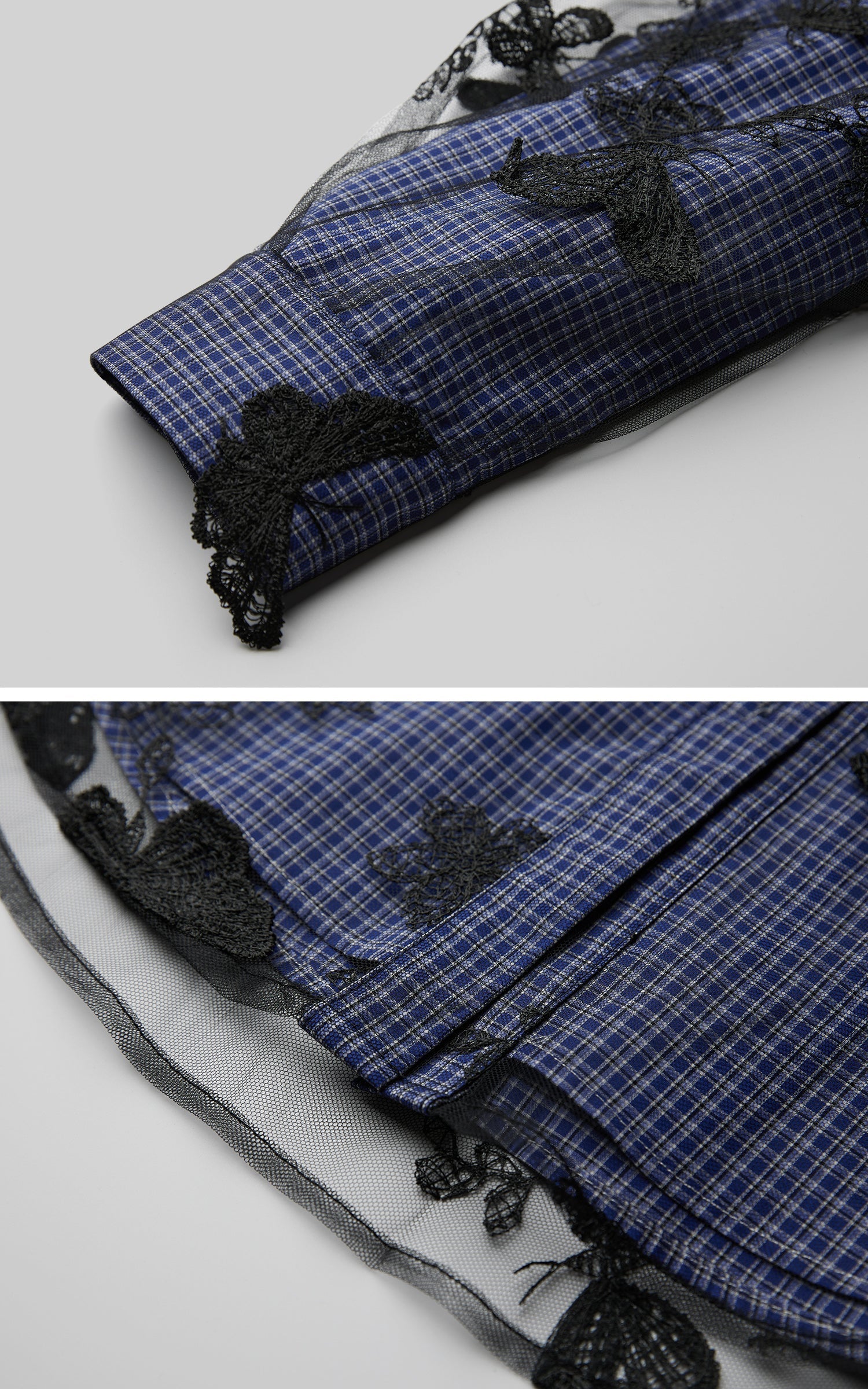 DOINDULGE Sheer Organza Butterfly Overlay Plaid Shirt