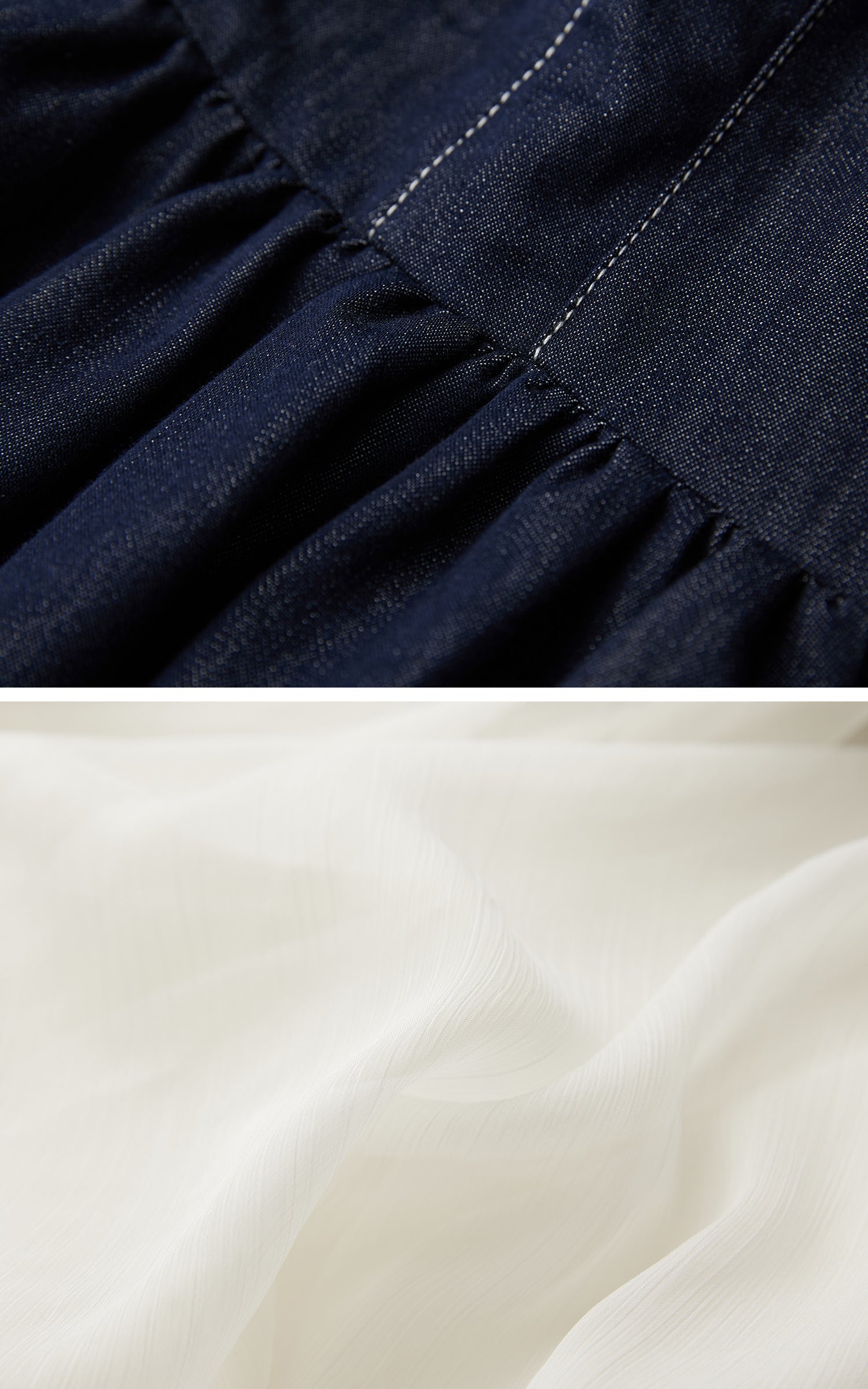DOINDULGE Denim Halter Dress with Bubble Silhouette and Sheer Pleated Chiffon Hem