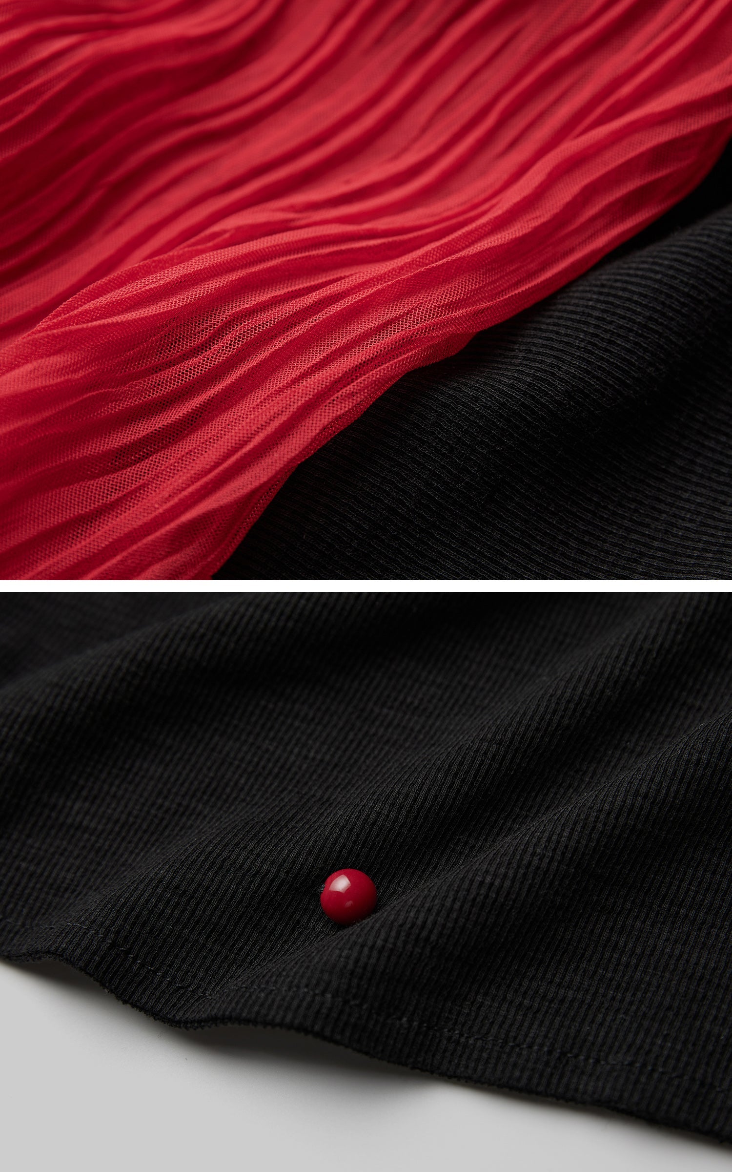 DOINDULGE Asymmetric Drape Top — Sculptural Red Pleats with Black Knit Base