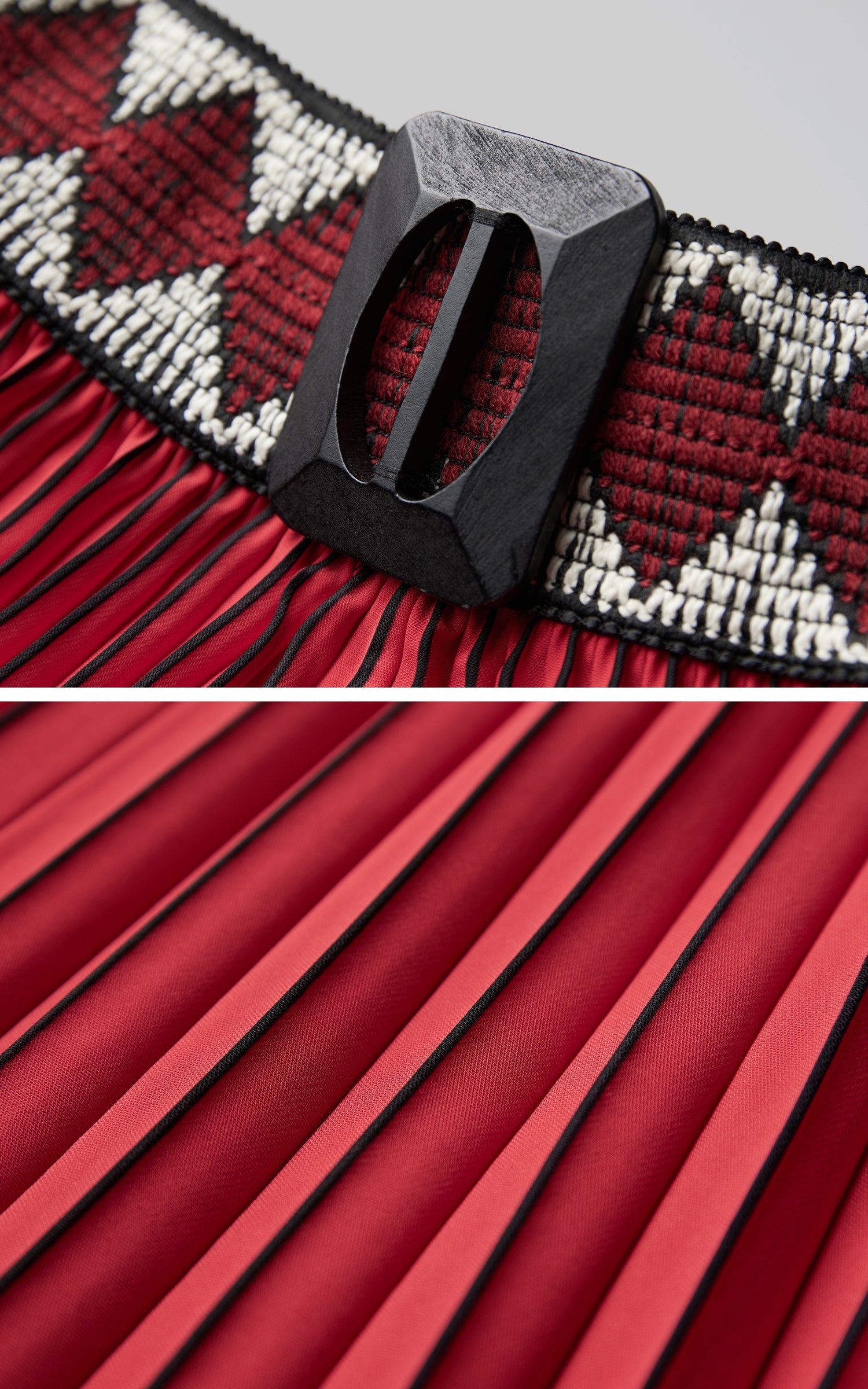 DOINDULGE Red Pleated Wide-Leg Skirt with Geometric Woven Waistband and Statement Buckle