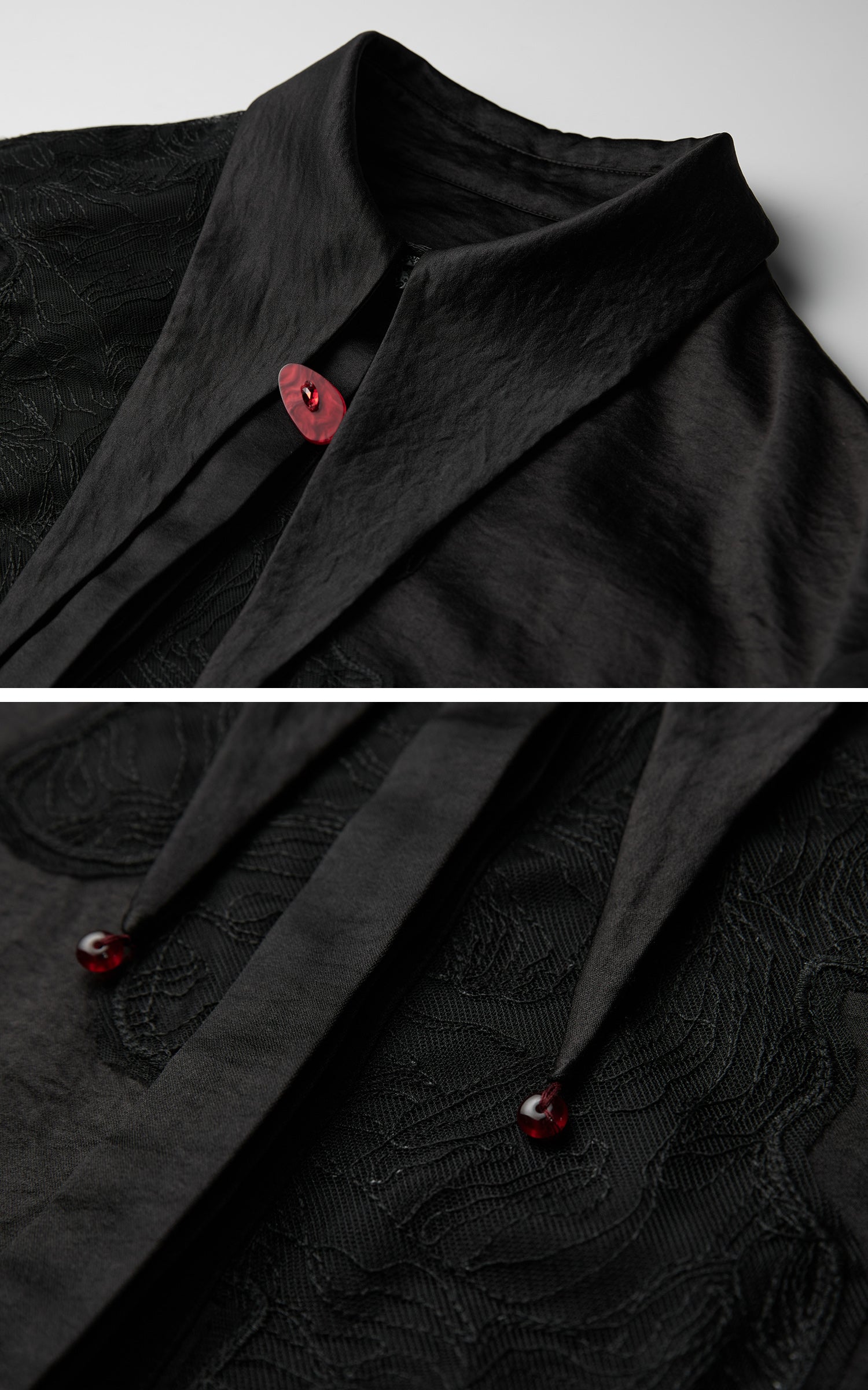 DOINDULGE Asymmetric Textured Shirt with Drawstring Sleeves and Red Accents