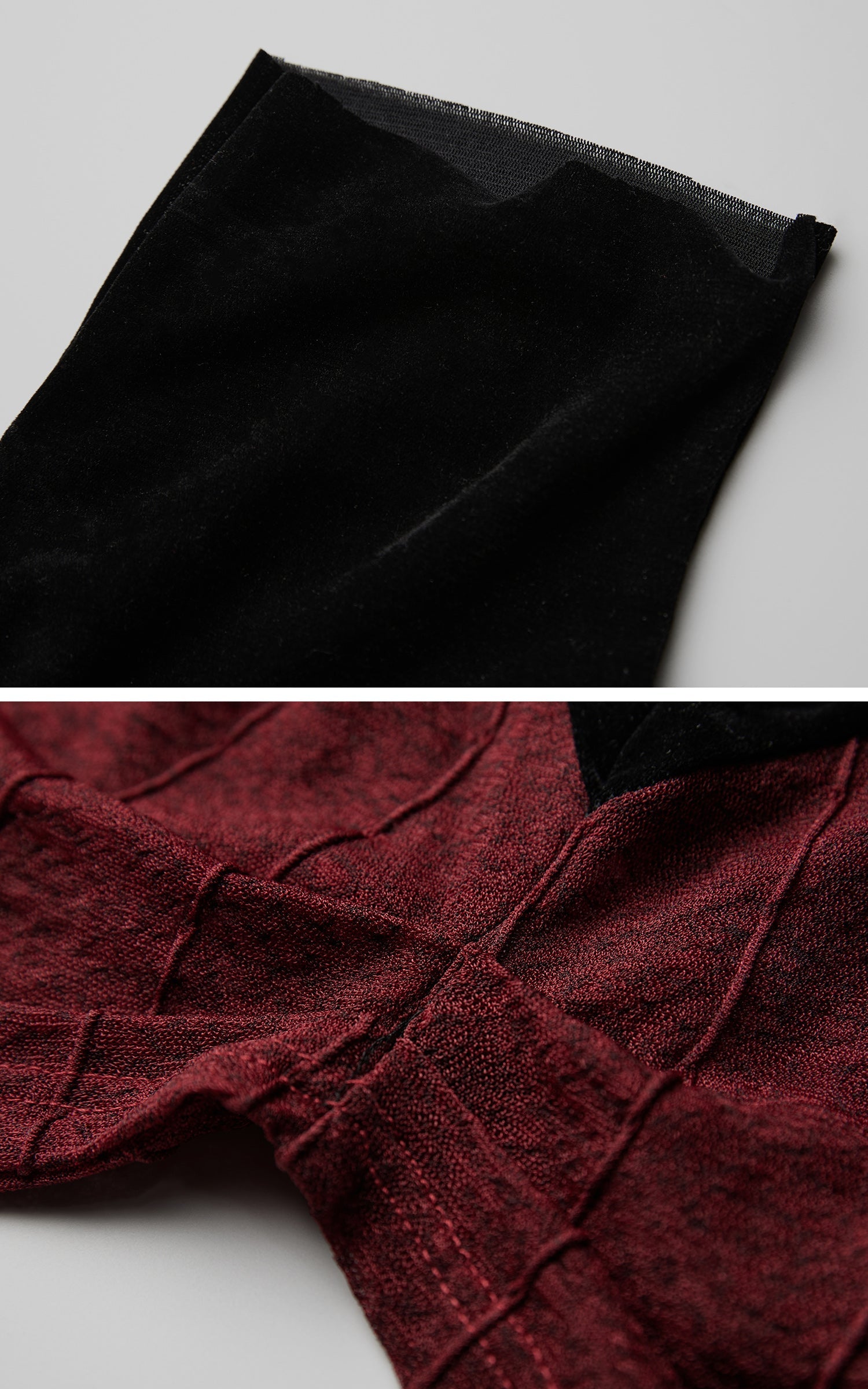DOINDULGE Sheer Velvet Long Sleeve Top with Contrast Red Panel