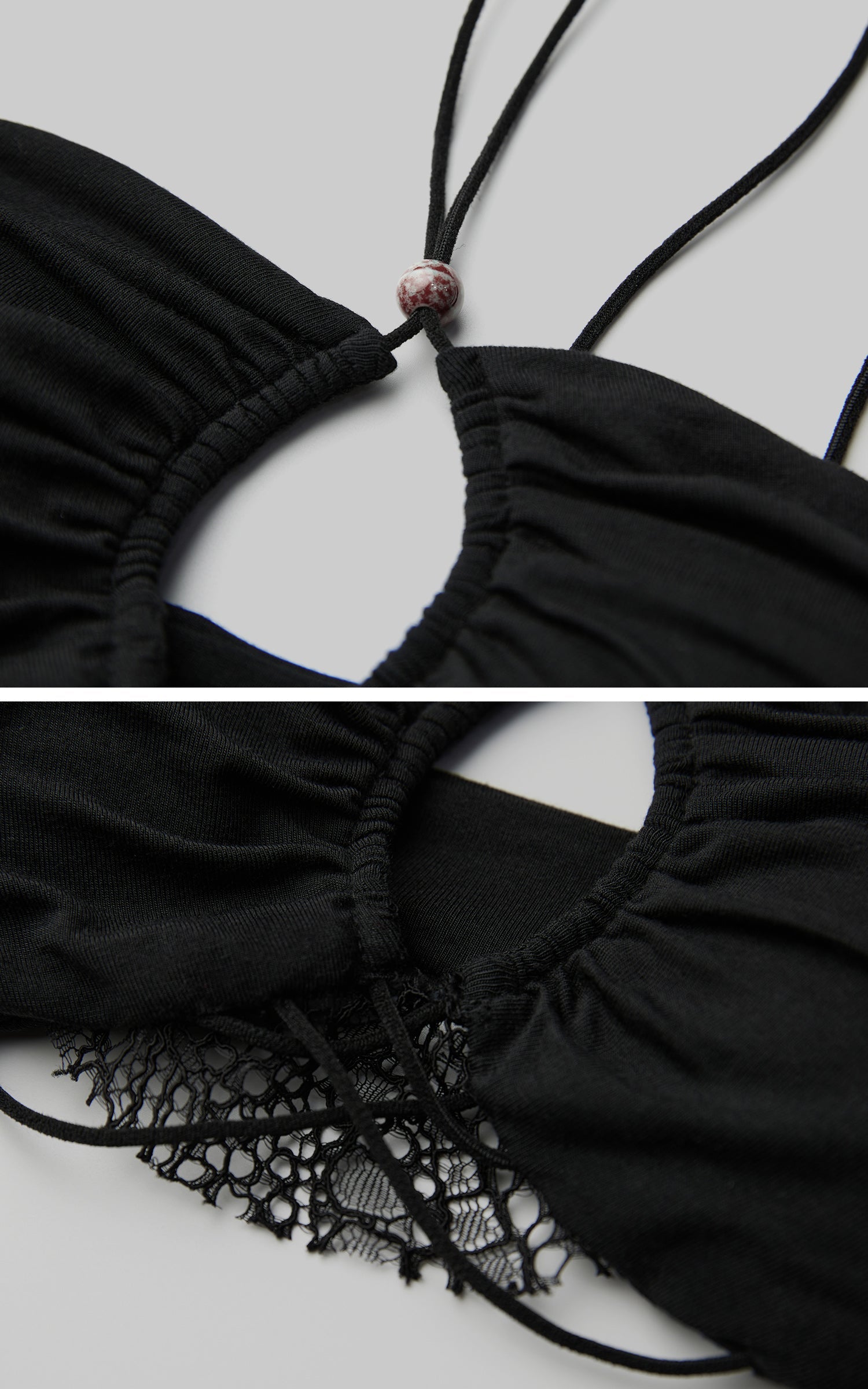 DOINDULGE Lace Strapless Crop Top with Beaded Halter Detail