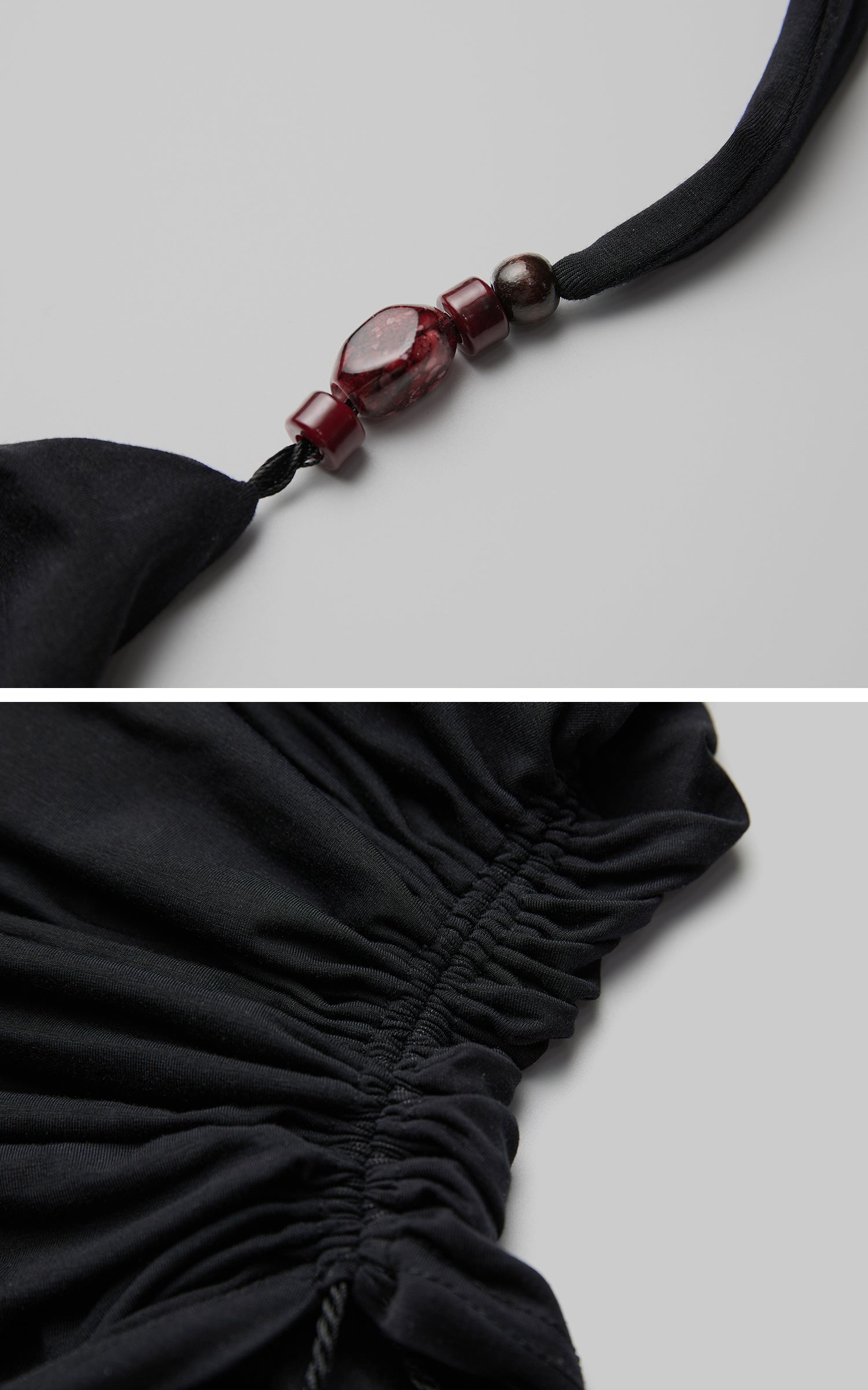 DOINDULGE Draped Halter Tank with Bead Detail and Asymmetric Ruched Cut-Out