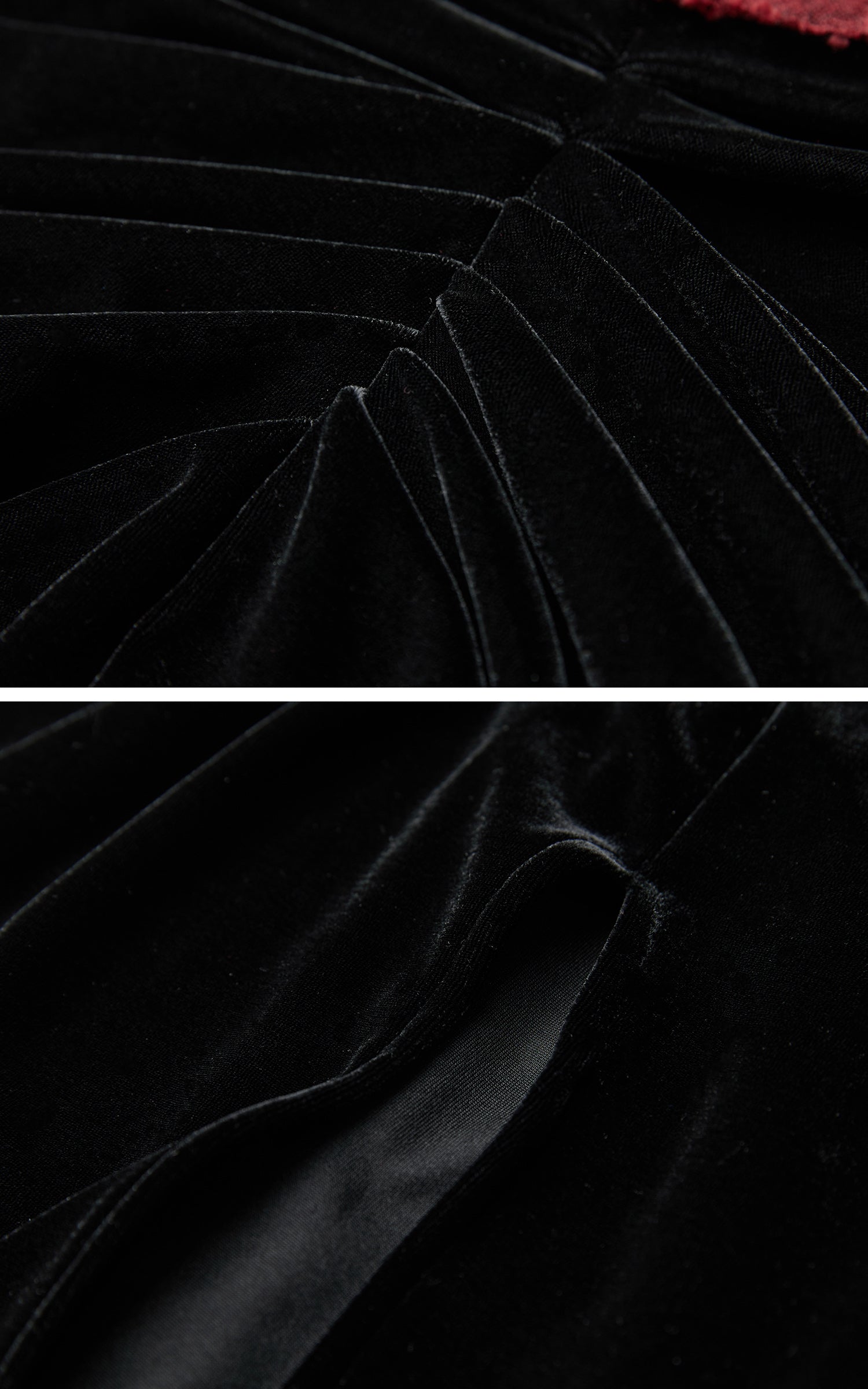 DOINDULGE Draped Velvet Skirt with Sheer Red Waist Detail
