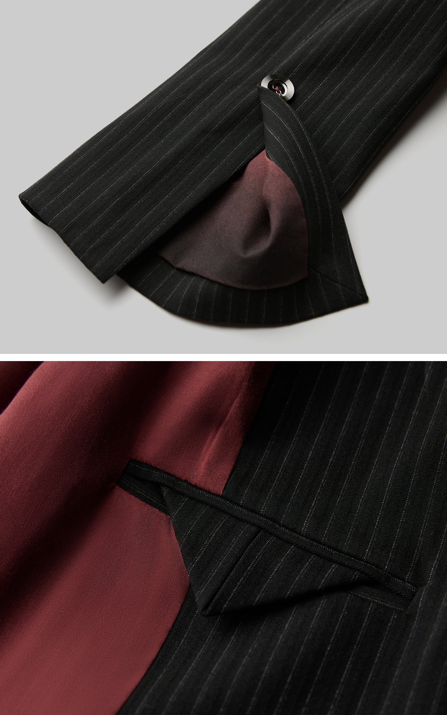 DOINDULGE Double Breasted Long Coat with Pinstripe and Contrast Lining