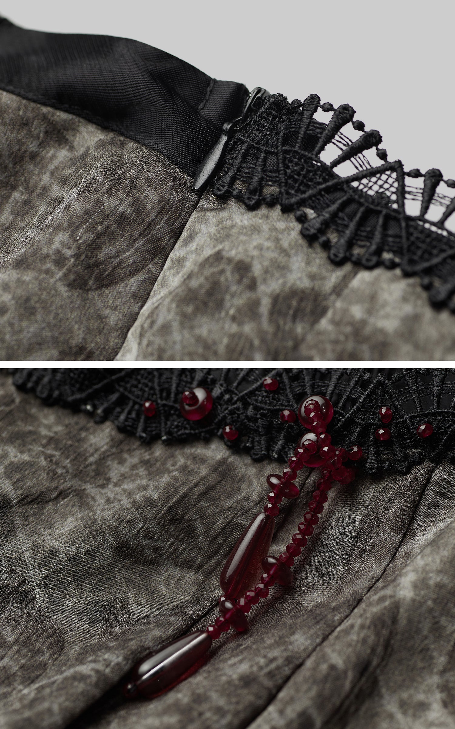 DOINDULGE Shadow Jacquard Wide Pants with Lace Waist and Beaded Trim