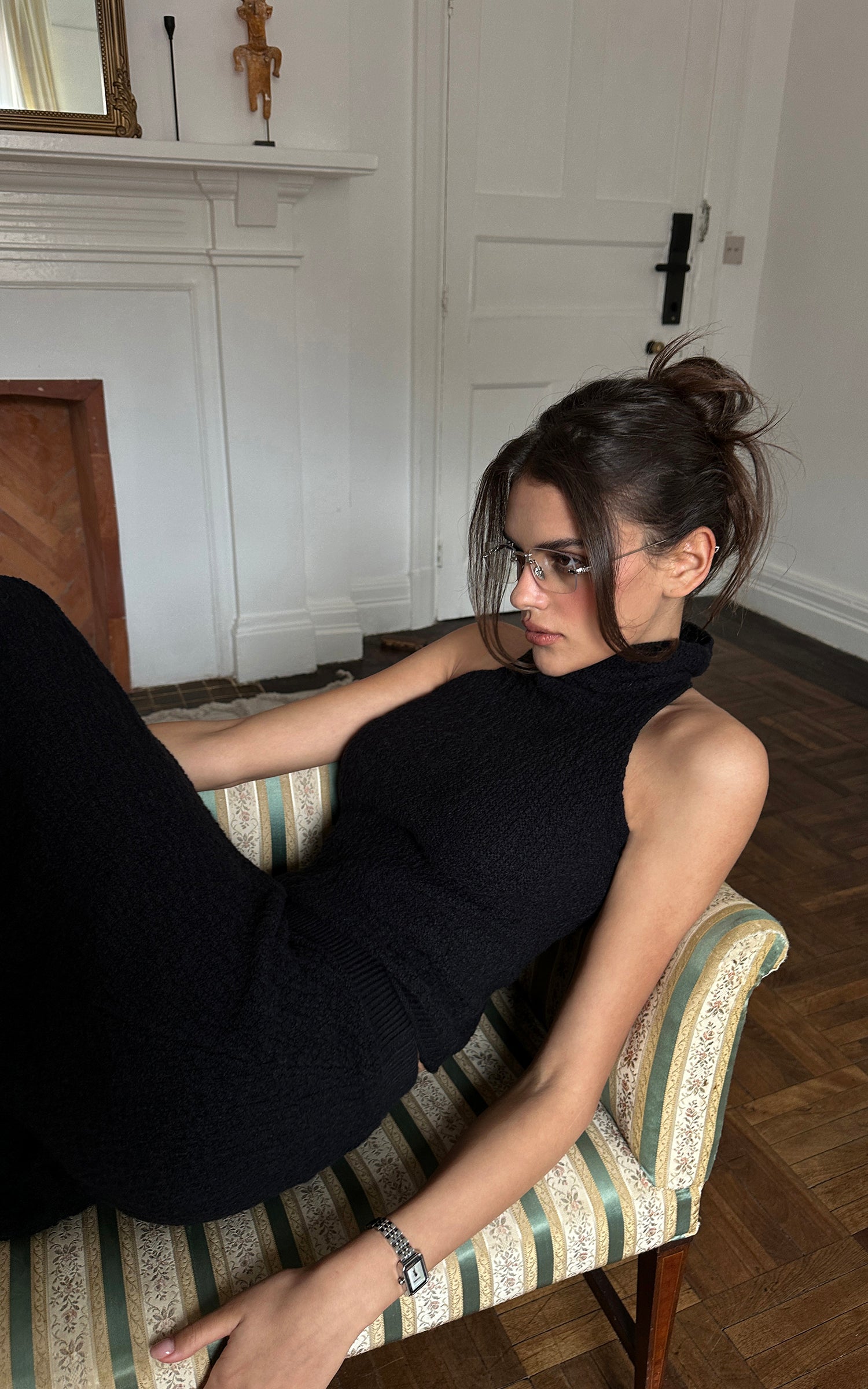 0122stepll Ensemble haut en maille torsadée à col licou &amp; jupe midi