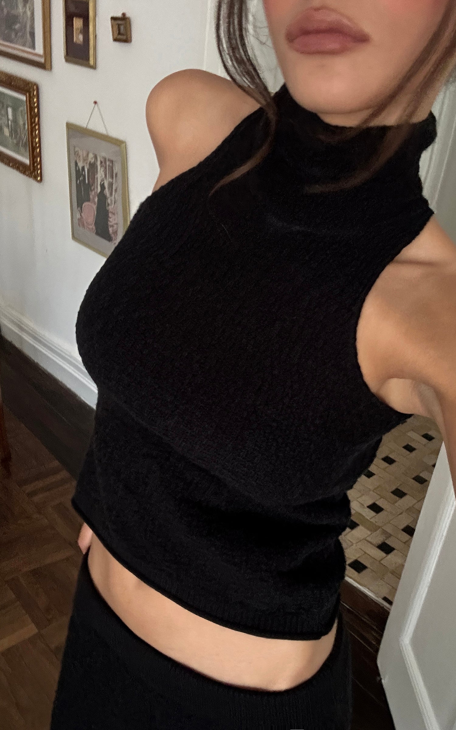 0122stepll Ensemble haut en maille torsadée à col licou &amp; jupe midi