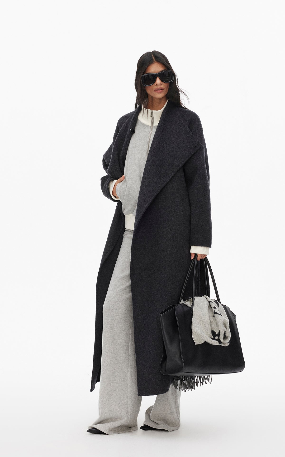 0122stepll Manteau long ample ceinturé à nouer