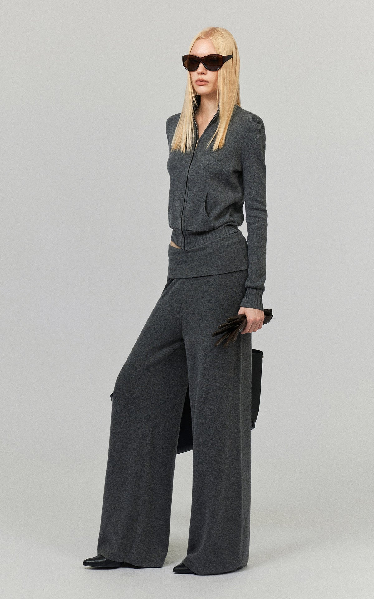 0122stepll High-Neck Zip Knit Cardigan &amp; Foldover Wide-Leg Pants Set