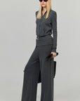 0122stepll High-Neck Zip Knit Cardigan & Foldover Wide-Leg Pants Set