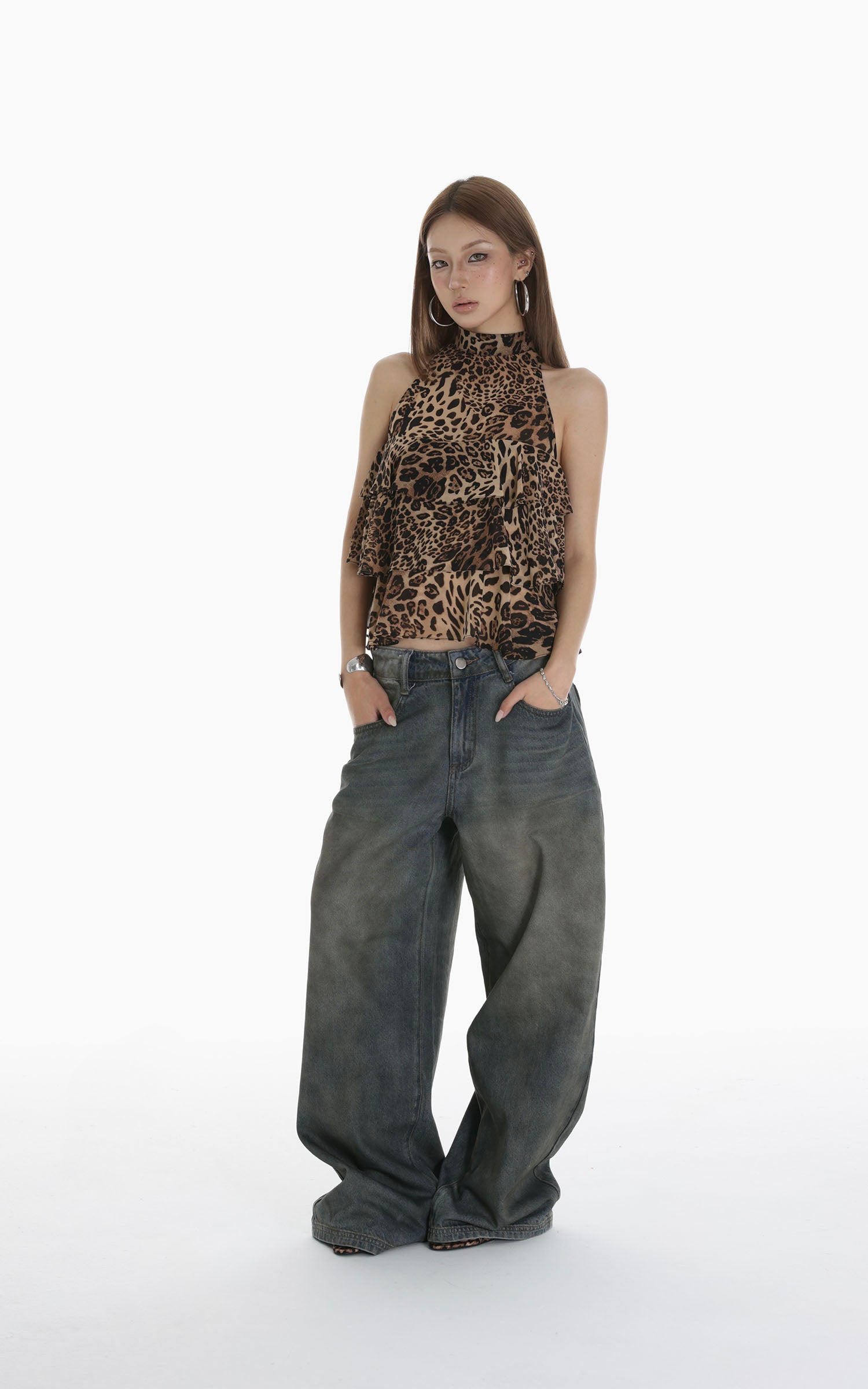 IAMXIAA Leopard Print Ruffle Tank Top Halter Neck Sheer Layered Vest