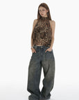 IAMXIAA Leopard Print Ruffle Tank Top Halter Neck Sheer Layered Vest
