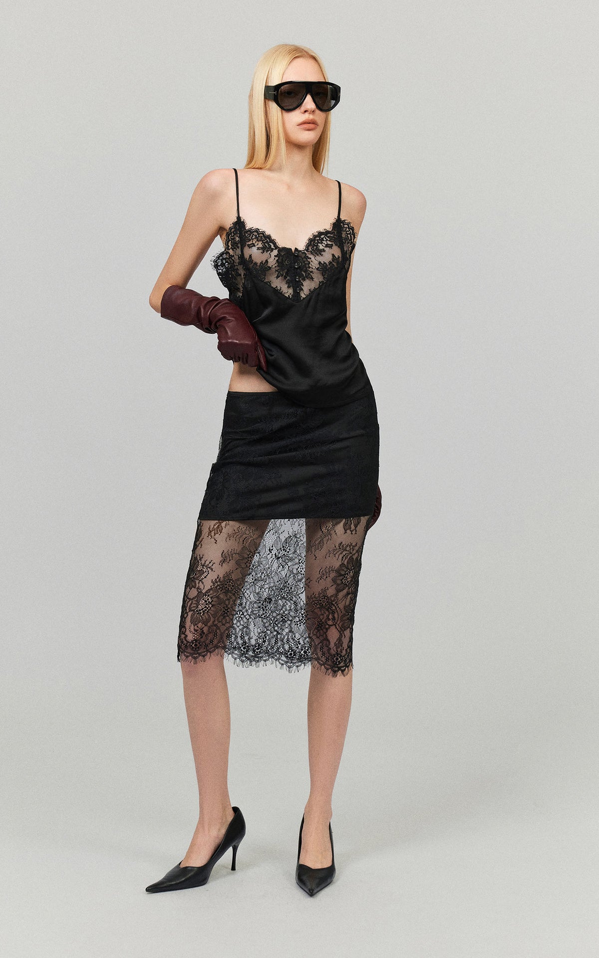 0122stepll Sheer Floral Lace Panel Low Rise Midi Skirt