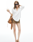 IAMXIAA V Neck Long Sleeve Tee Casual Loose Fit Top
