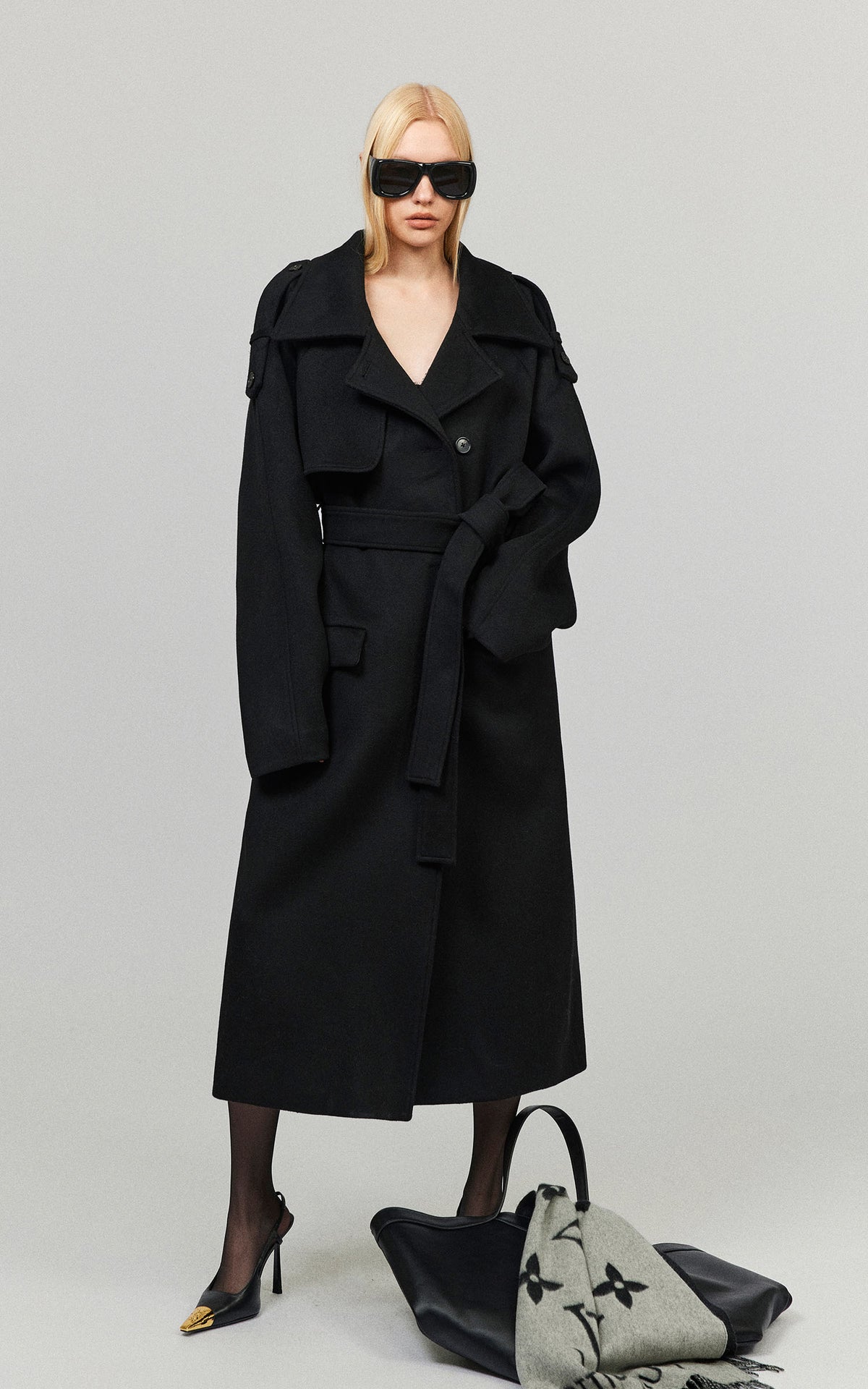 0122stepll Oversized Military Belted Long Wool Trench Coat