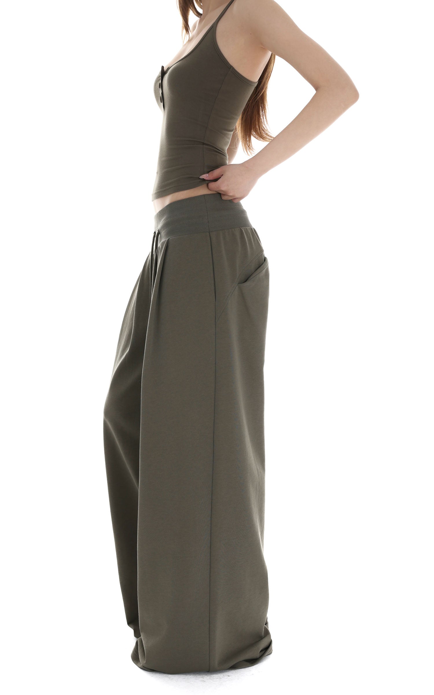 IAMXIAA Ribbed Button Tank and Wide Leg Drawstring Pants Two-Piece Set