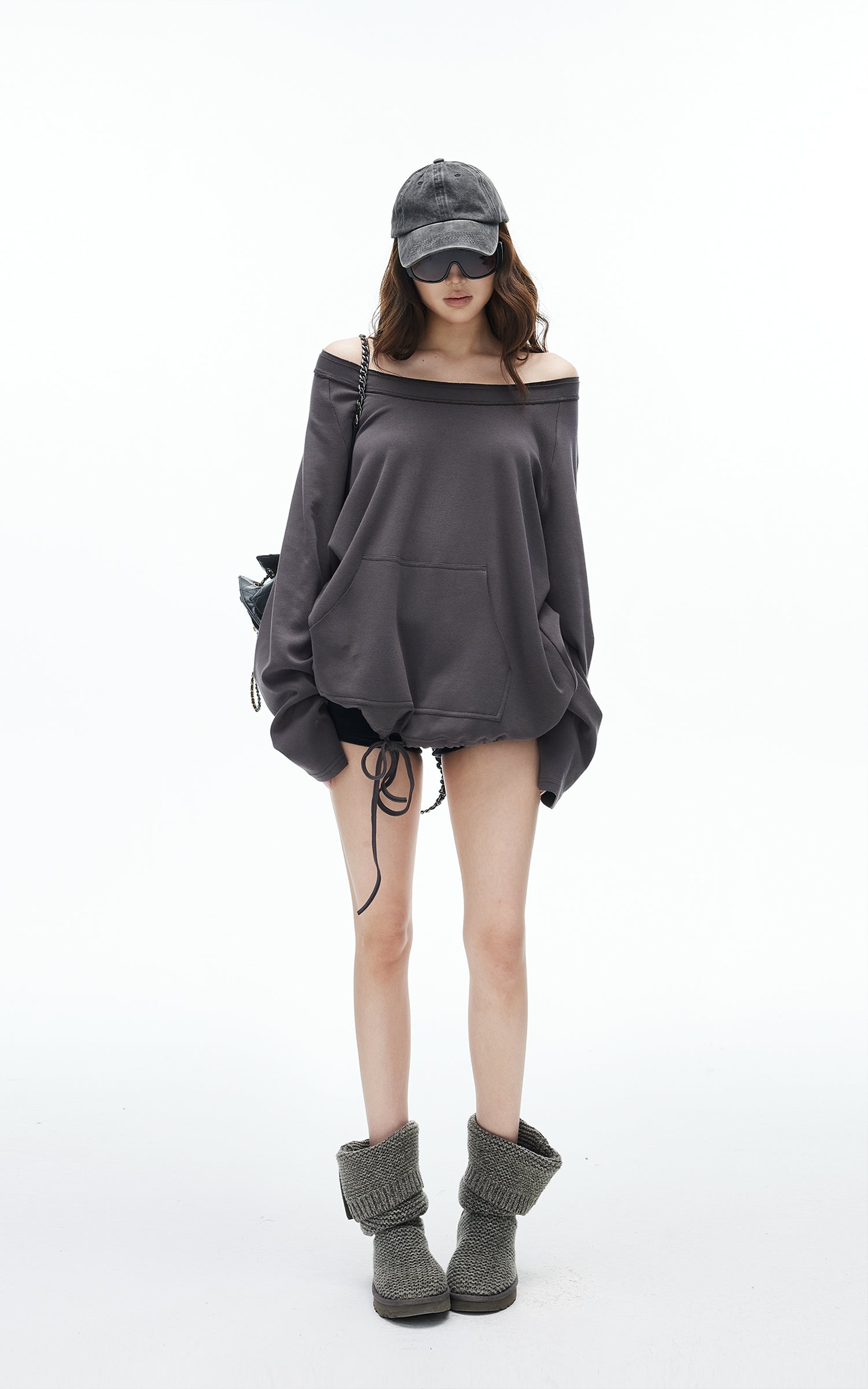 IAMXIAA Sweat-shirt oversize à épaules dénudées et cordon de serrage