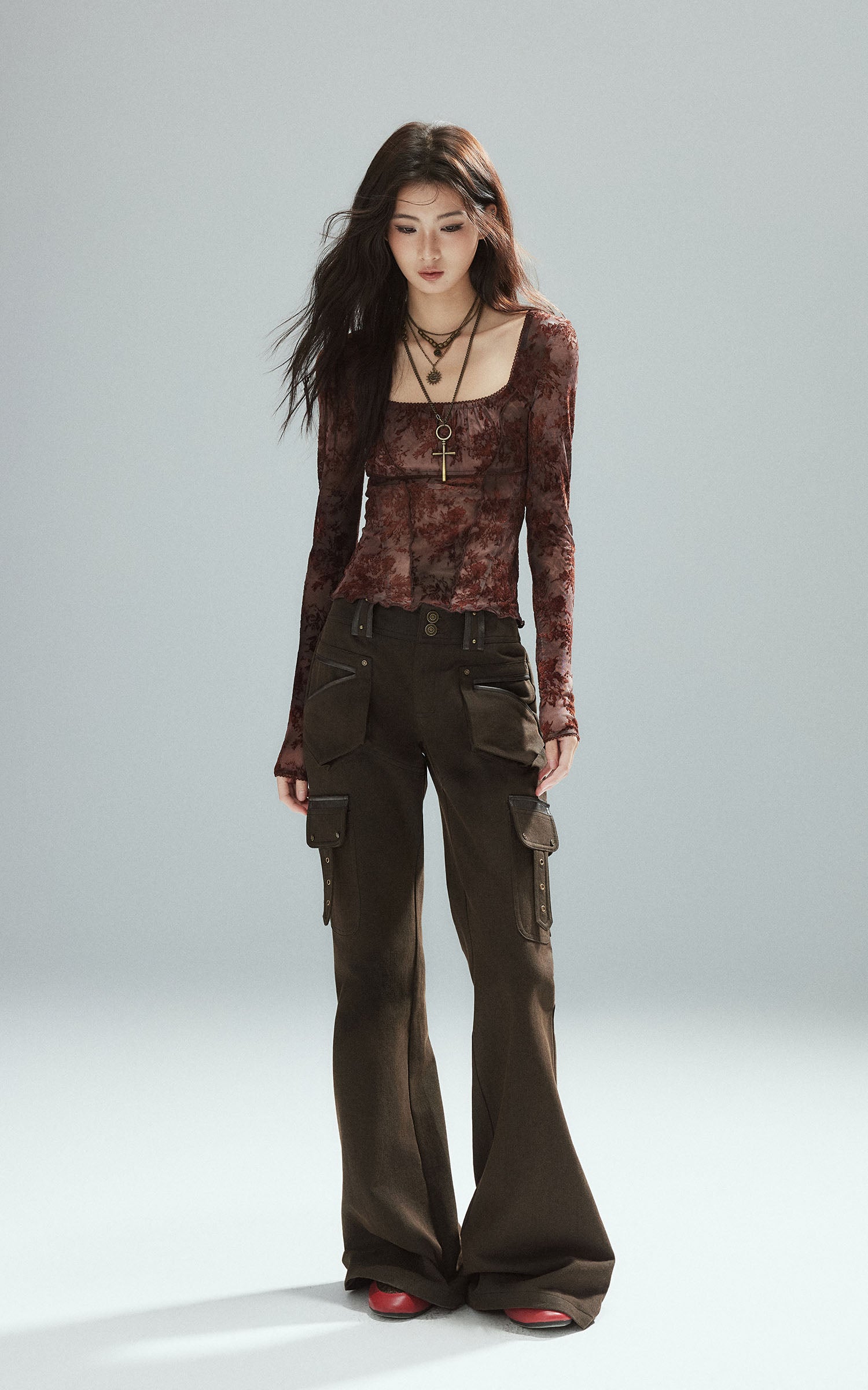 Low pixel Sheer Floral Mesh Fitted Long Sleeve Tee