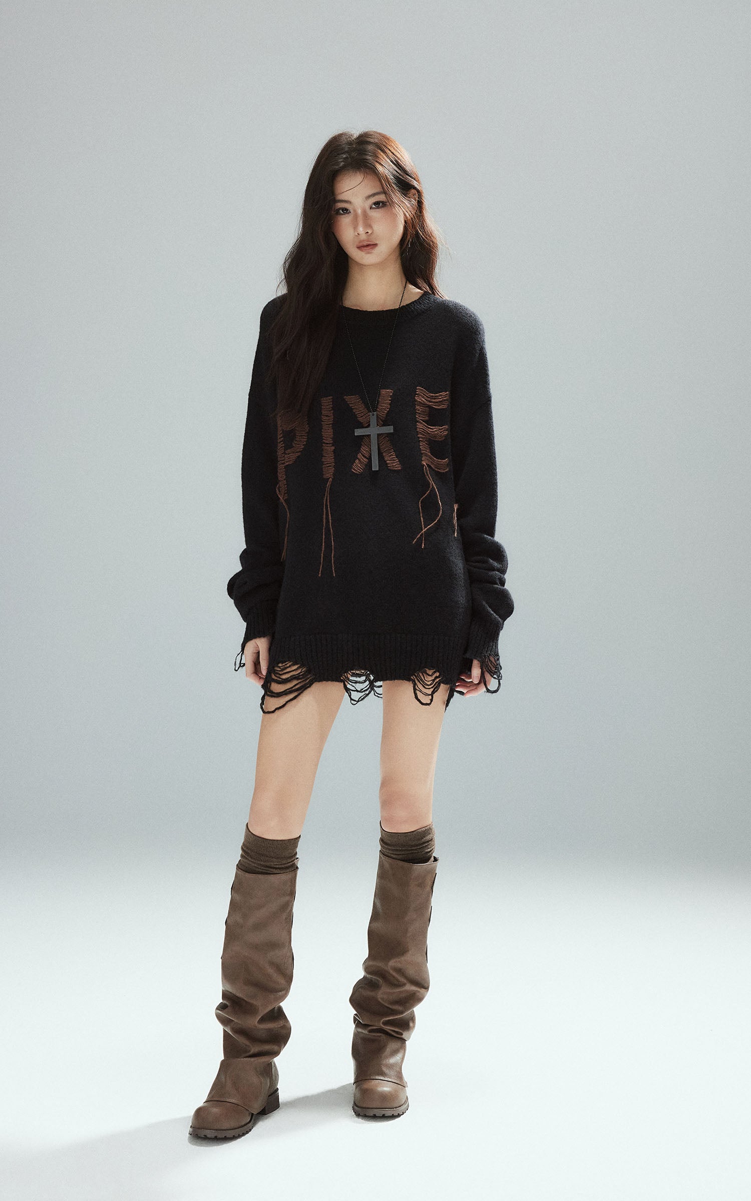 Low pixel Distressed Letter Embroidered Oversized Knit Sweater