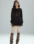 Low pixel Distressed Letter Embroidered Oversized Knit Sweater
