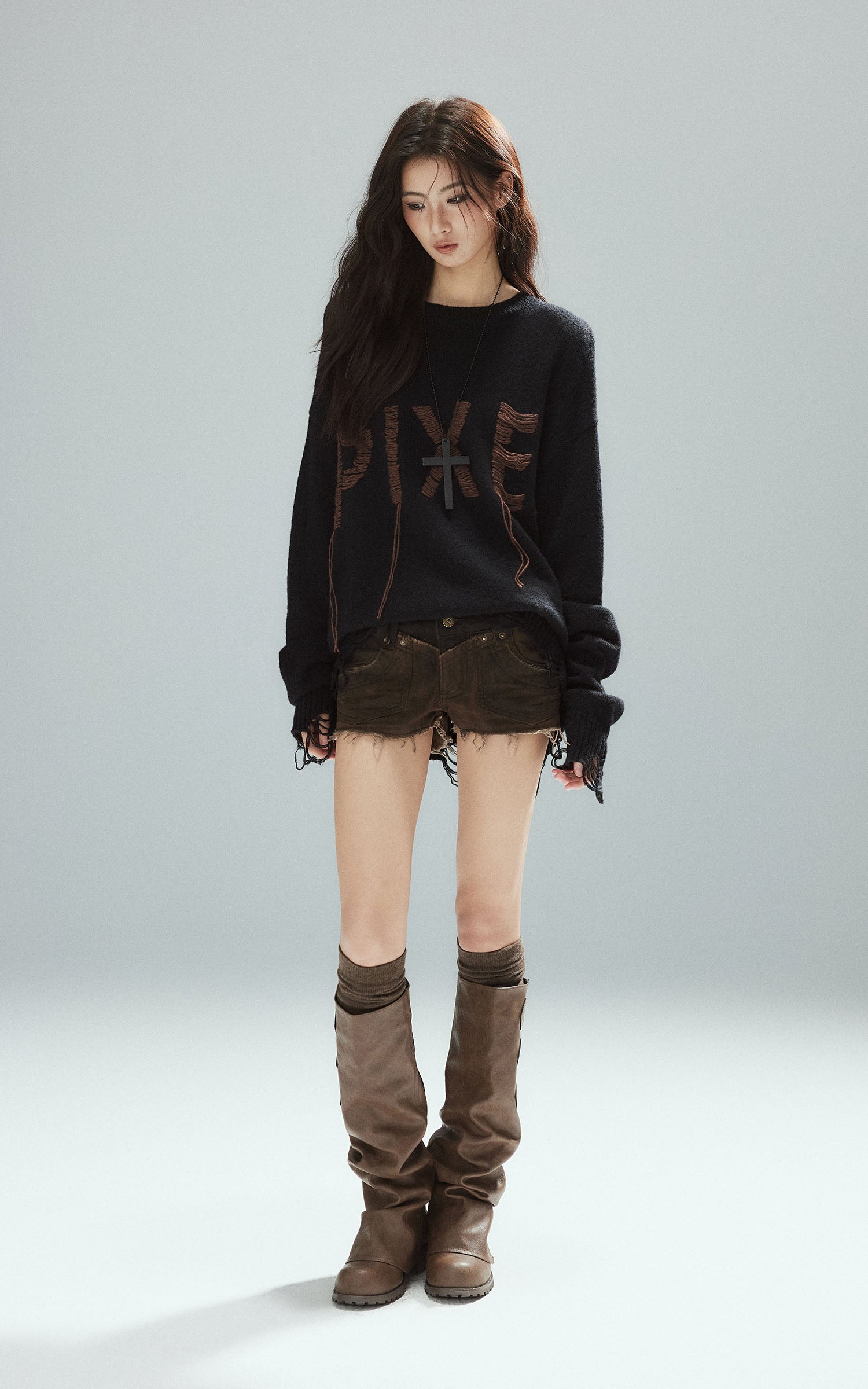 Low pixel Distressed Letter Embroidered Oversized Knit Sweater