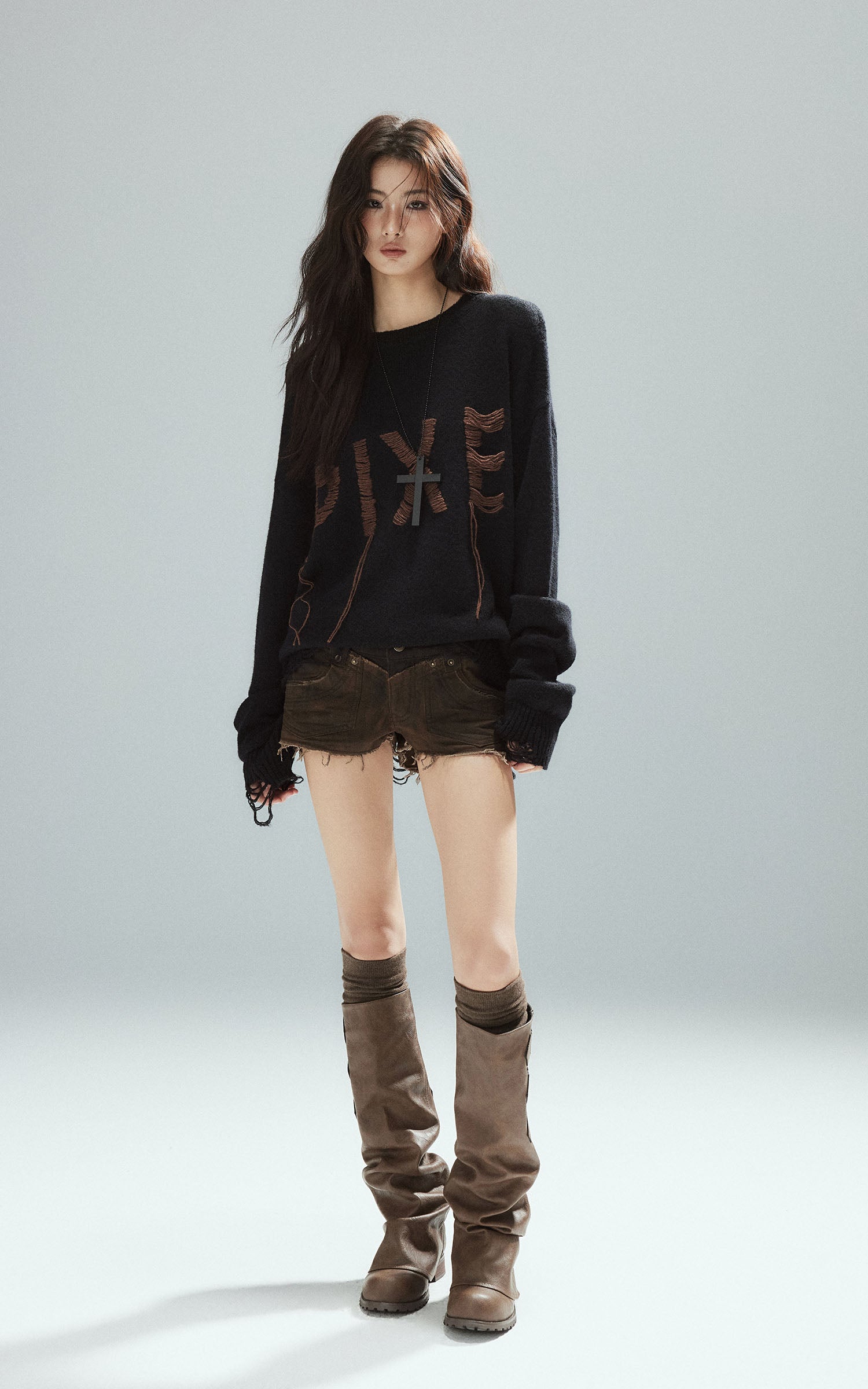 Low pixel Distressed Letter Embroidered Oversized Knit Sweater