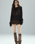 Low pixel Distressed Letter Embroidered Oversized Knit Sweater