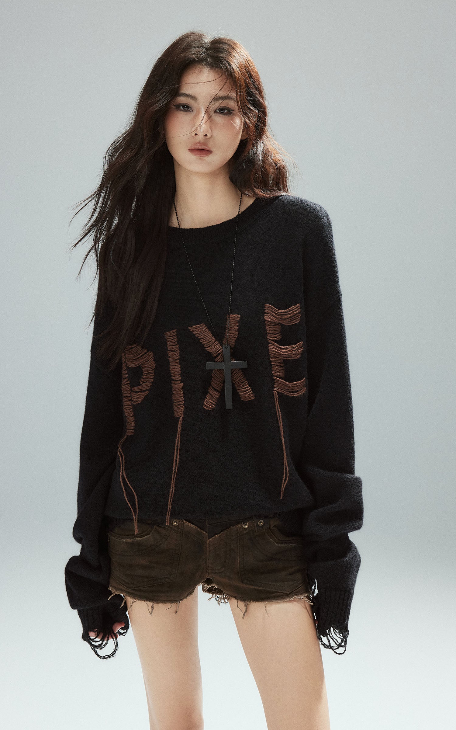 Low pixel Distressed Letter Embroidered Oversized Knit Sweater