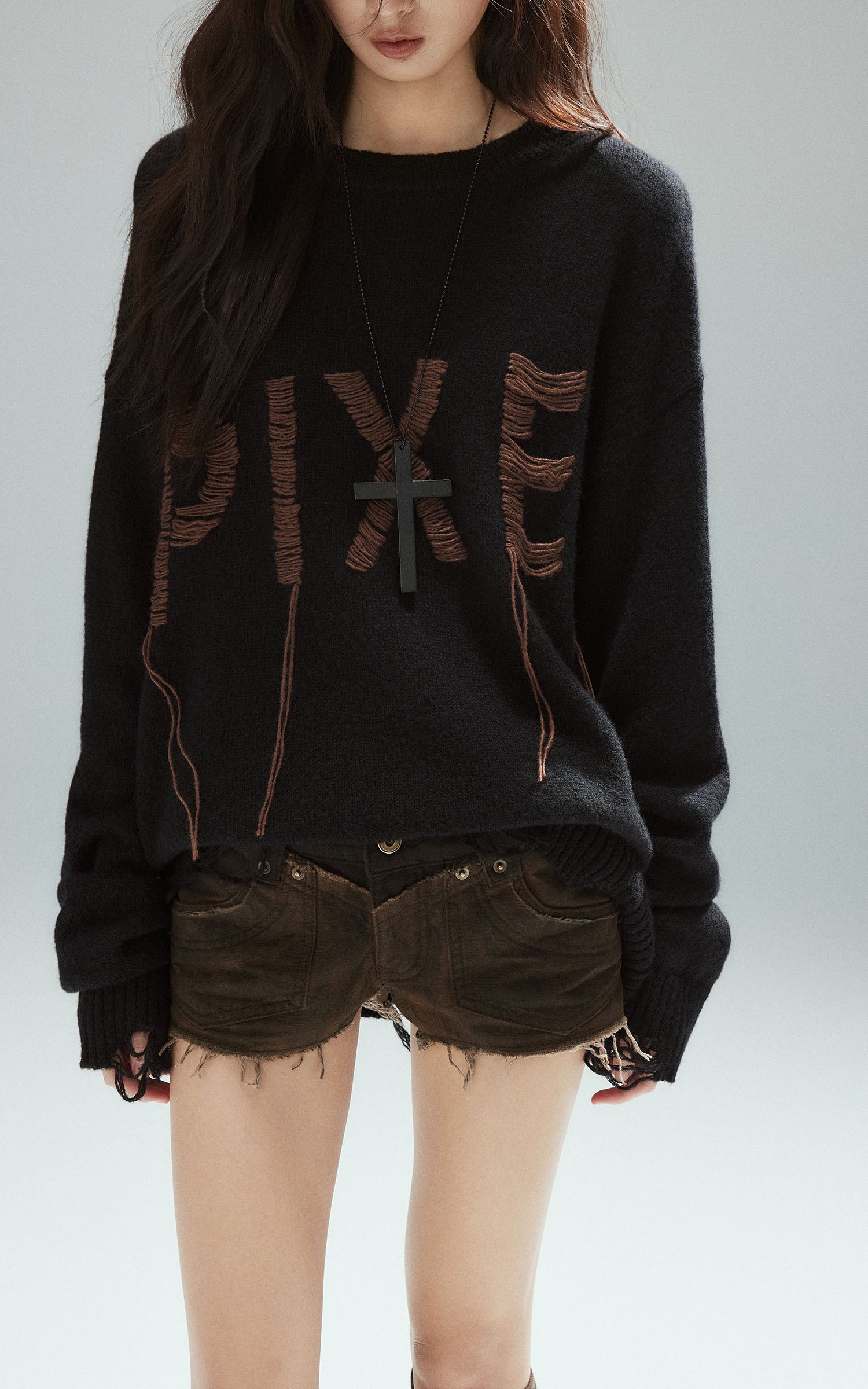 Low pixel Distressed Letter Embroidered Oversized Knit Sweater