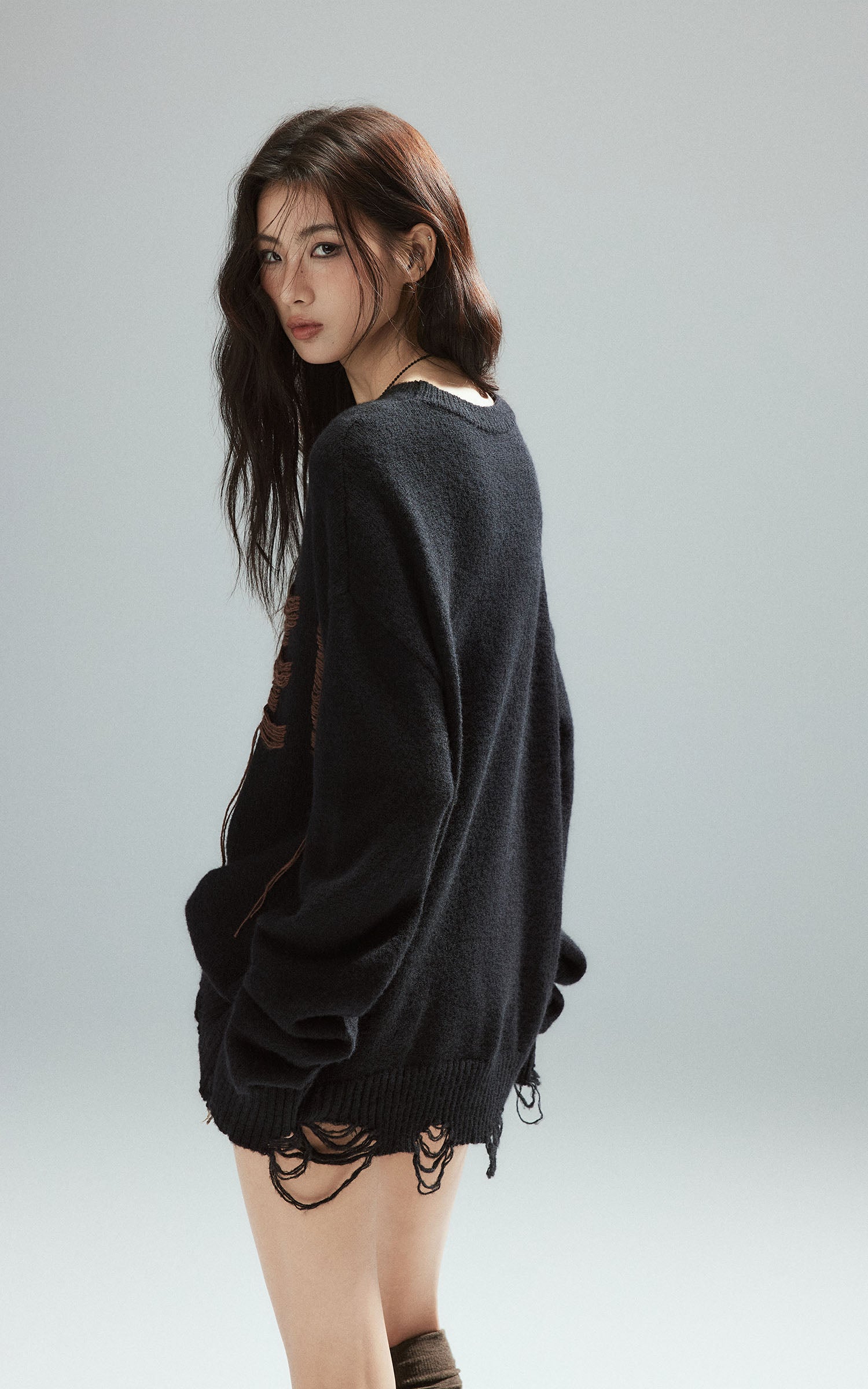 Low pixel Distressed Letter Embroidered Oversized Knit Sweater