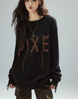 Low pixel Distressed Letter Embroidered Oversized Knit Sweater