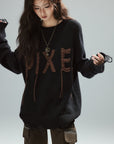 Low pixel Distressed Letter Embroidered Oversized Knit Sweater
