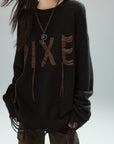 Low pixel Distressed Letter Embroidered Oversized Knit Sweater