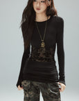 Low pixel Lace Panel Slim-Fit Knit Long Sleeve Top