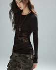 Low pixel Lace Panel Slim-Fit Knit Long Sleeve Top