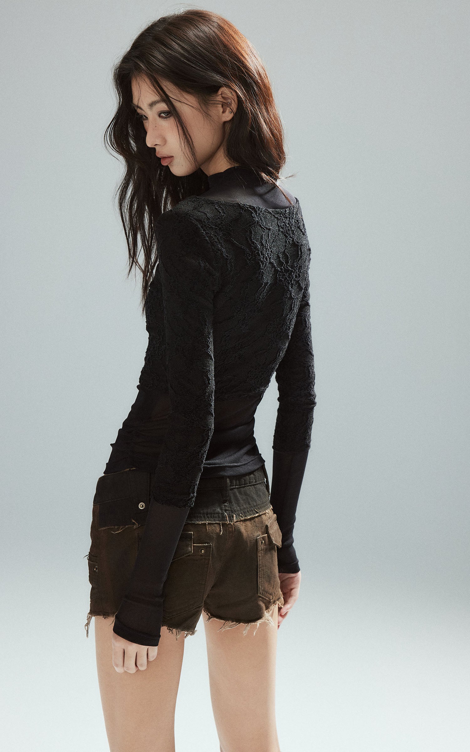 Low pixel Haut ajusté à manches longues avec empiècements en maille texturée