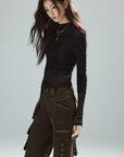 Low pixel High-Waist Multi-Pocket Flared Cargo Pants