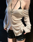Rase le sol Sheer Ribbed Deep-V Long Sleeve Top