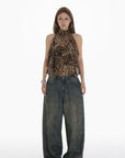 IAMXIAA Leopard Print Ruffle Tank Top Halter Neck Sheer Layered Vest
